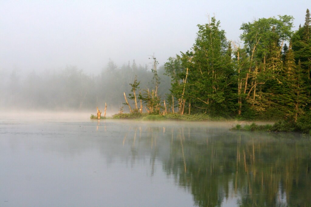 Soft dawn light rising over Lake Umbagog with mist lifting from calm water and distant mountains, peaceful New England nature photography.
