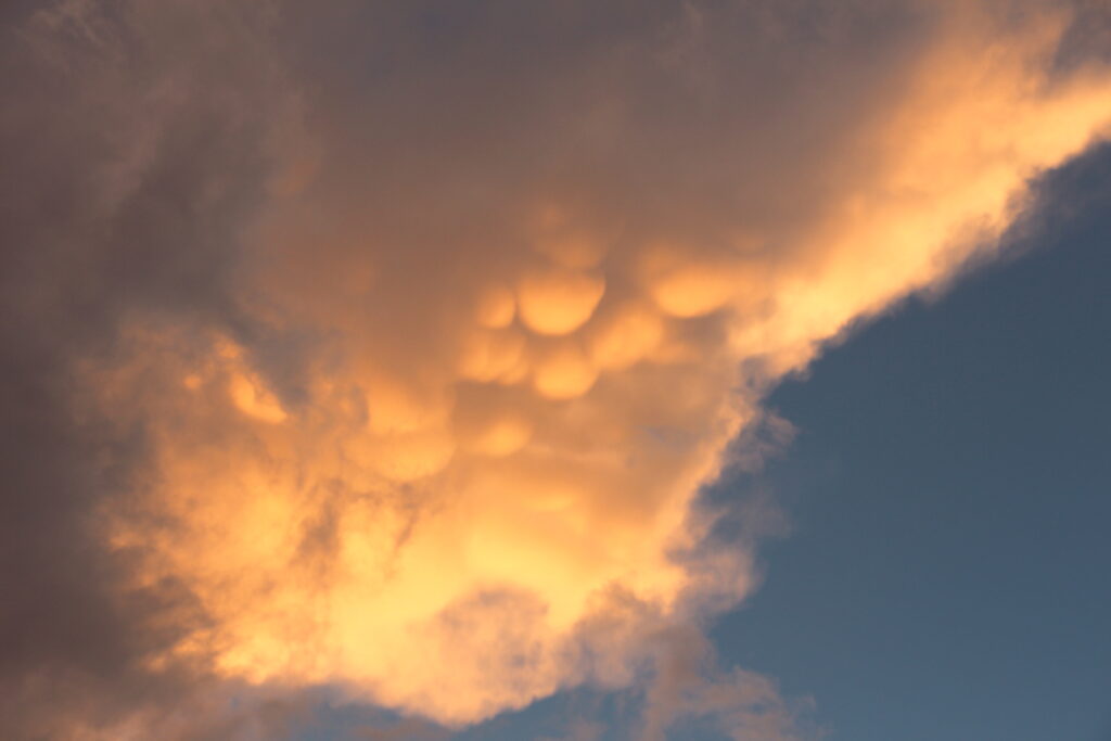 Golden mammatus clouds glowing over Lake Umbagog at sunset against a deep blue twilight sky — nature that heals.