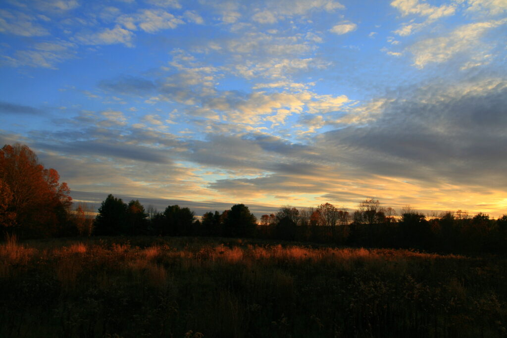 Golden sunset light over Wyndham Land Trust fields in Pomfret, Connecticut, peaceful New England nature photography.