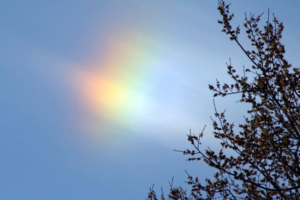 Brilliant sun dog glowing above Little River in Woodstock, Connecticut, photographed from a kayak.