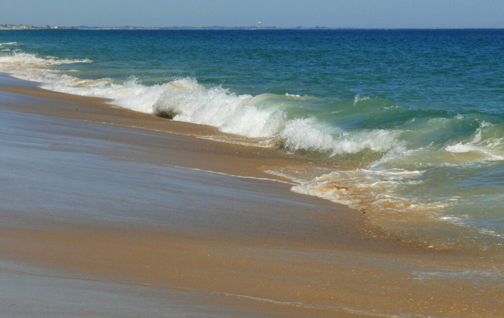 Gentle ocean wave rolling toward the shore at Ninigret National Wildlife Refuge in soft June light, peaceful New England nature photography.