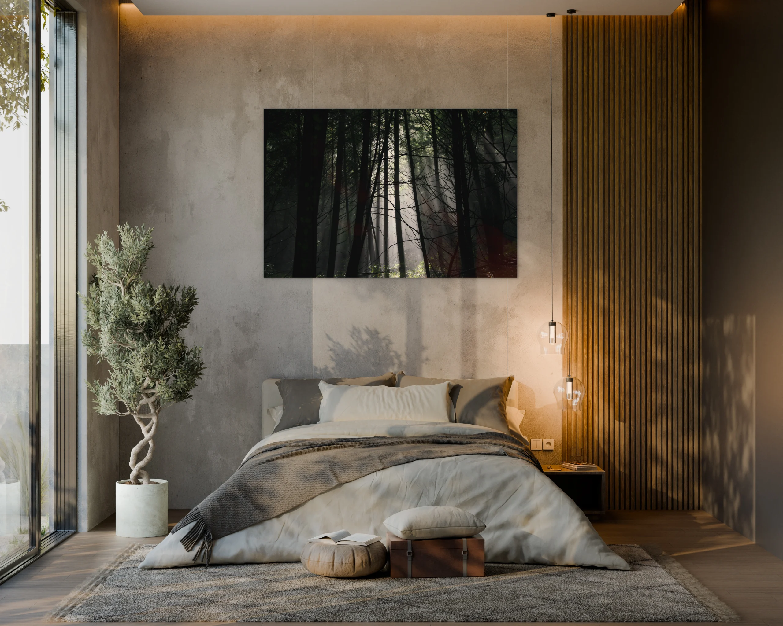 Fine art canvas print mockup of a serene forest canopy with soft morning light filtering through tall trees in Putney, Vermont.